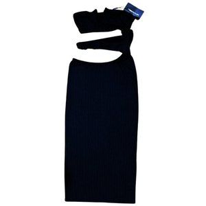 NWT PrettyLittleThing Black Ribbed V Bar Cut Out Waist Midi Dress Size 8